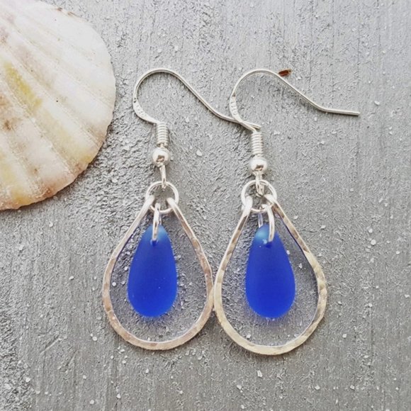 Hammered Wire Loop Cobalt Blue Sea Glass Earrings Women Jewelry Gift - Picture 1 of 5